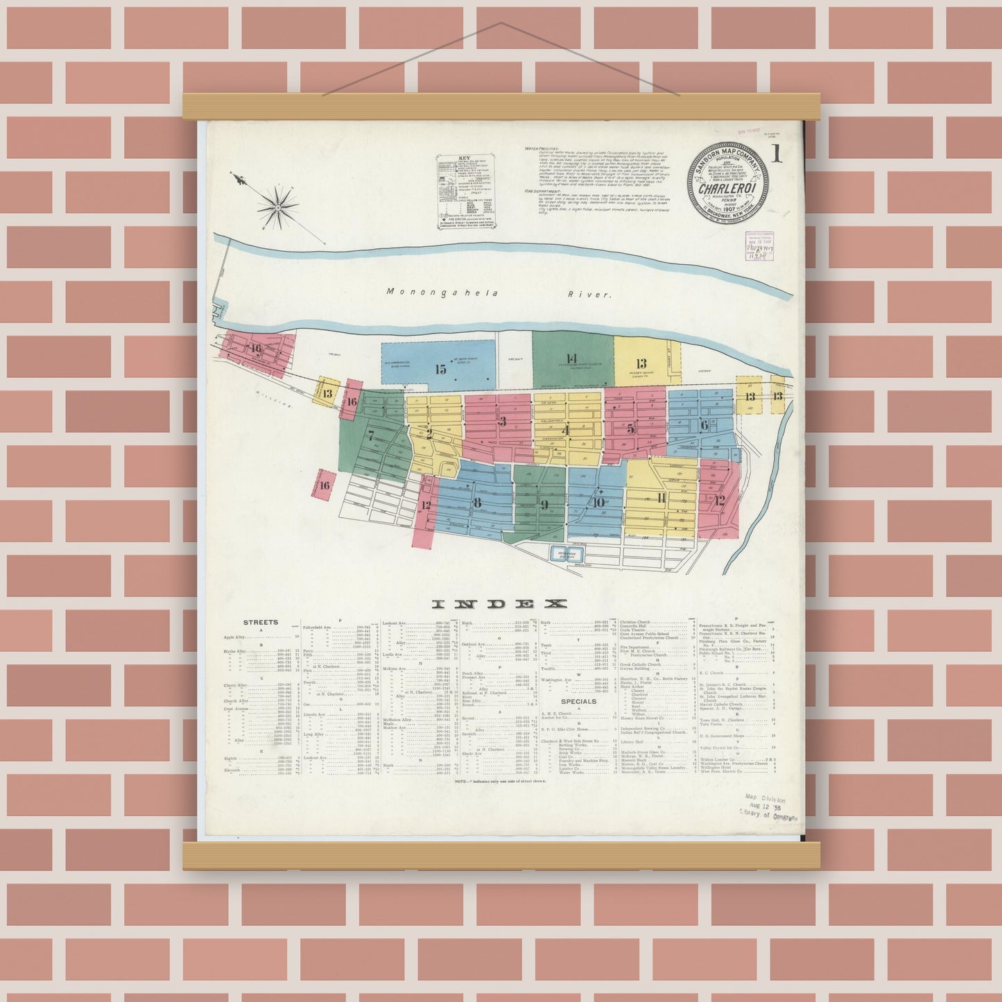Old map wall art mockup — magnetic wood frame on brick wall — Sanborn Fire Insurance Map from Charleroi, Washington County, Pennsylvania (1907) - Complete Map Set