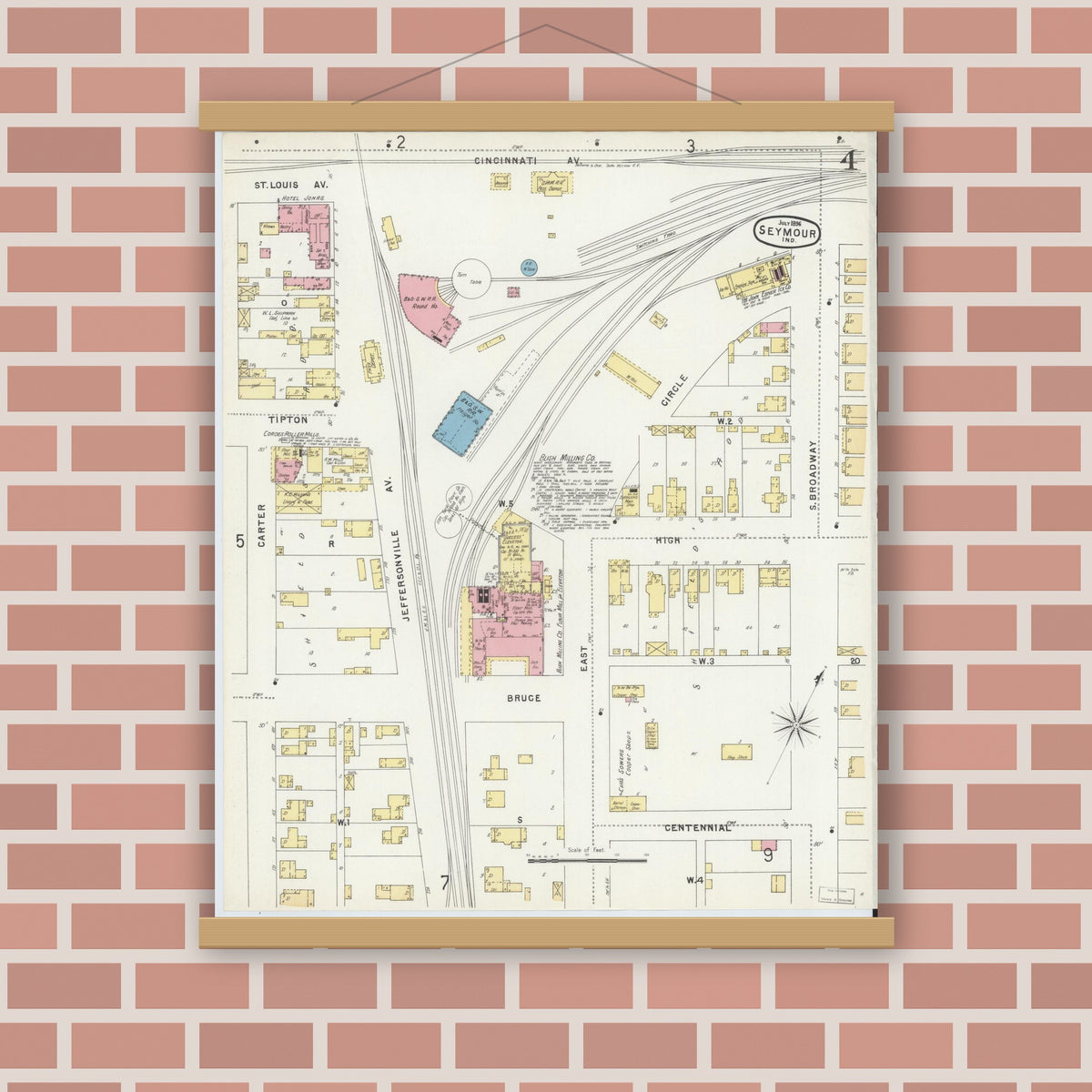Old map wall art mockup — magnetic wood frame on brick wall — Sanborn Fire Insurance Map from Seymour, Jackson County, Indiana (1896), Sheet #0004
