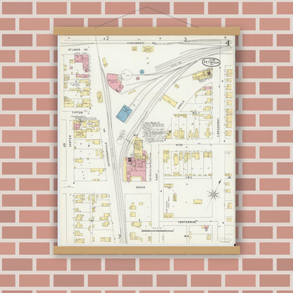 Old map wall art mockup — magnetic wood frame on brick wall — Sanborn Fire Insurance Map from Seymour, Jackson County, Indiana (1896), Sheet #0004