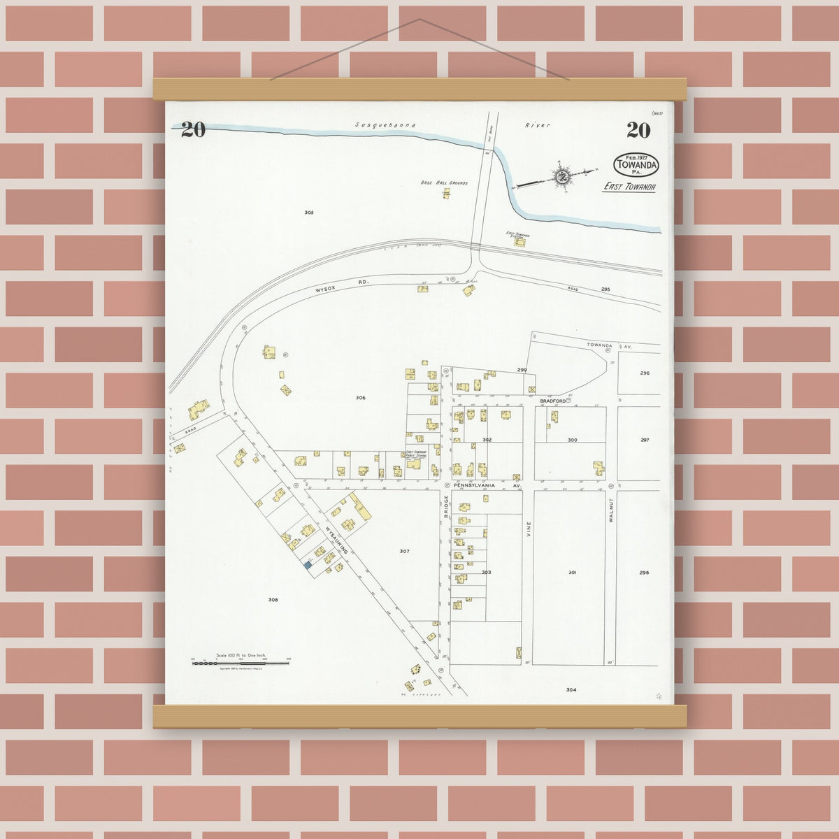 Old map wall art mockup — magnetic wood frame on brick wall — Sanborn Fire Insurance Map from Towanda, Bradford County, Pennsylvania (1927), Sheet #0020