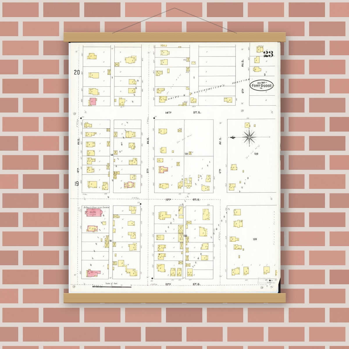 Old map wall art mockup — magnetic wood frame on brick wall — Sanborn Fire Insurance Map from Fort Dodge, Webster County, Iowa (1907), Sheet #0023