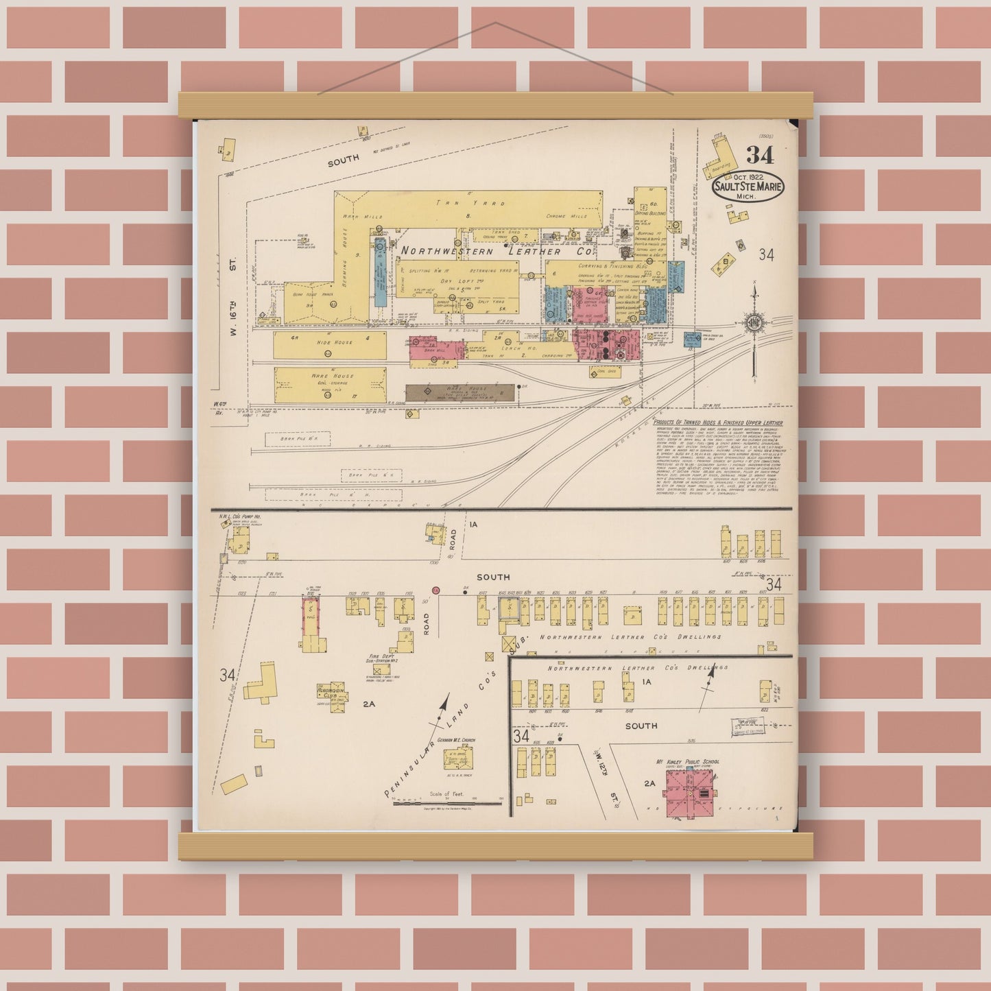 Old map wall art mockup — magnetic wood frame on brick wall — Sanborn Fire Insurance Map from Sault Sainte Marie, Chippewa County, Michigan (1922), Sheet #0034