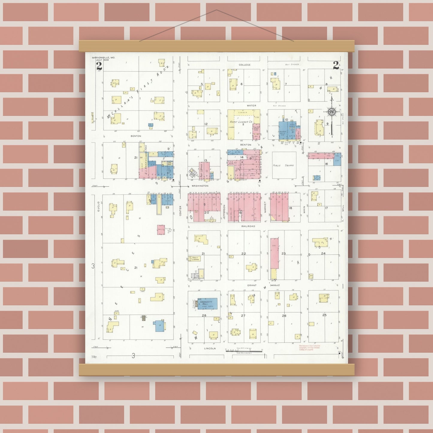 Old map wall art mockup — magnetic wood frame on brick wall — Sanborn Fire Insurance Map from Marionville, Lawrence County, Missouri (1938), Sheet #0002