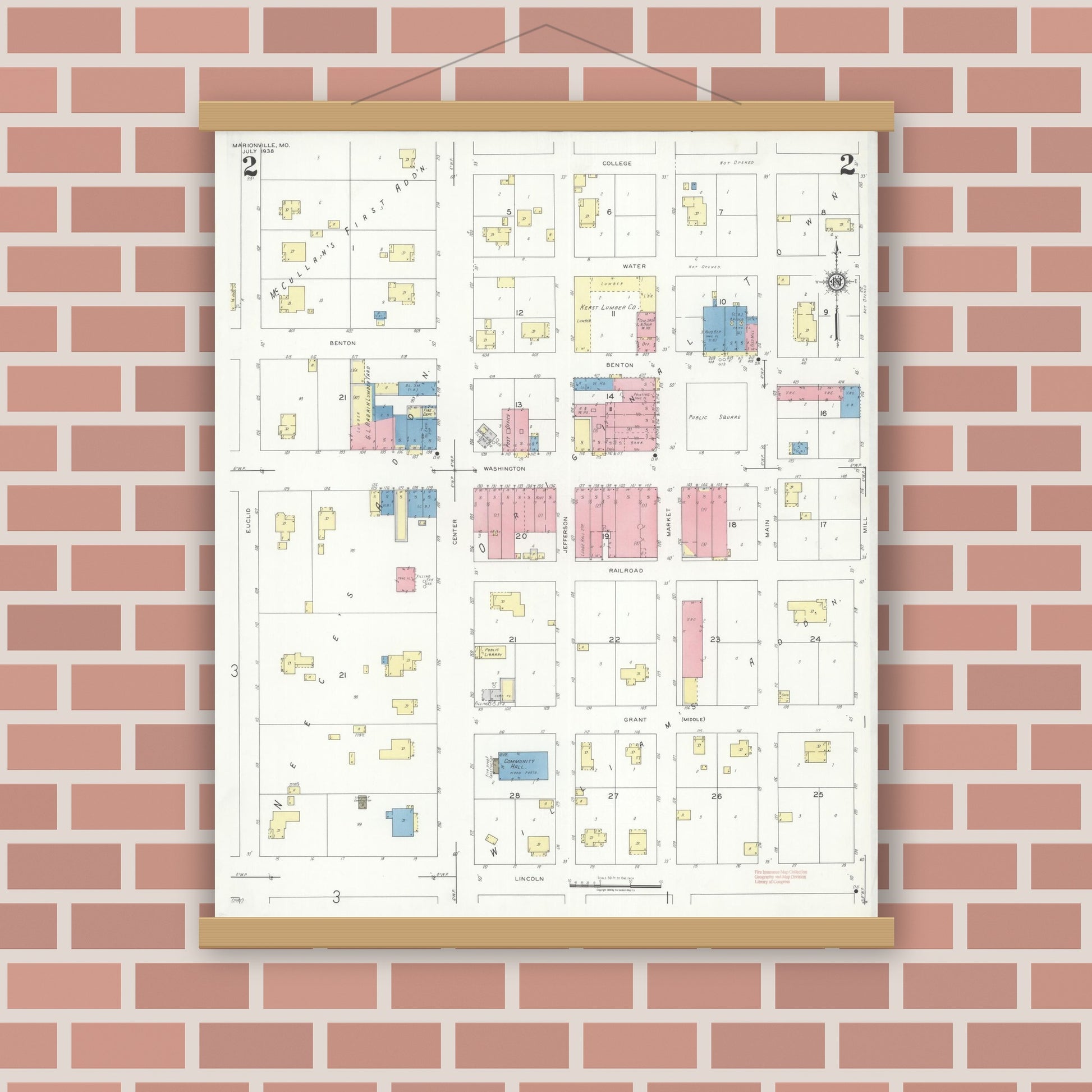 Old map wall art mockup — magnetic wood frame on brick wall — Sanborn Fire Insurance Map from Marionville, Lawrence County, Missouri (1938), Sheet #0002