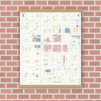 Old map wall art mockup — magnetic wood frame on brick wall — Sanborn Fire Insurance Map from Marionville, Lawrence County, Missouri (1938), Sheet #0002