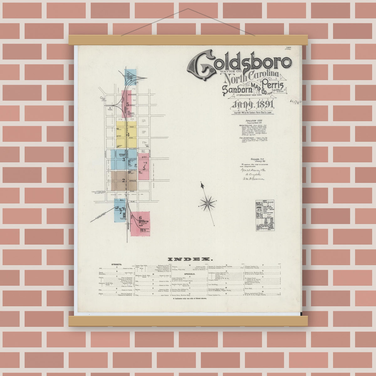 Old map wall art mockup — magnetic wood frame on brick wall — Sanborn Fire Insurance Map from Goldsboro, Wayne County, North Carolina (1891), Sheet #0001