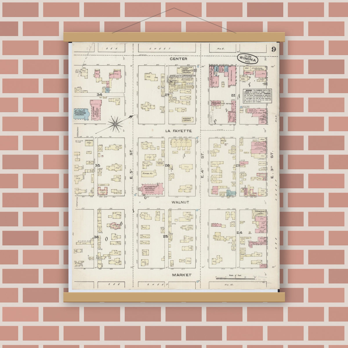 Old map wall art mockup — magnetic wood frame on brick wall — Sanborn Fire Insurance Map from Winona, Winona County, Minnesota (1884), Sheet #0009