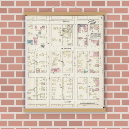 Old map wall art mockup — magnetic wood frame on brick wall — Sanborn Fire Insurance Map from Winona, Winona County, Minnesota (1884), Sheet #0009