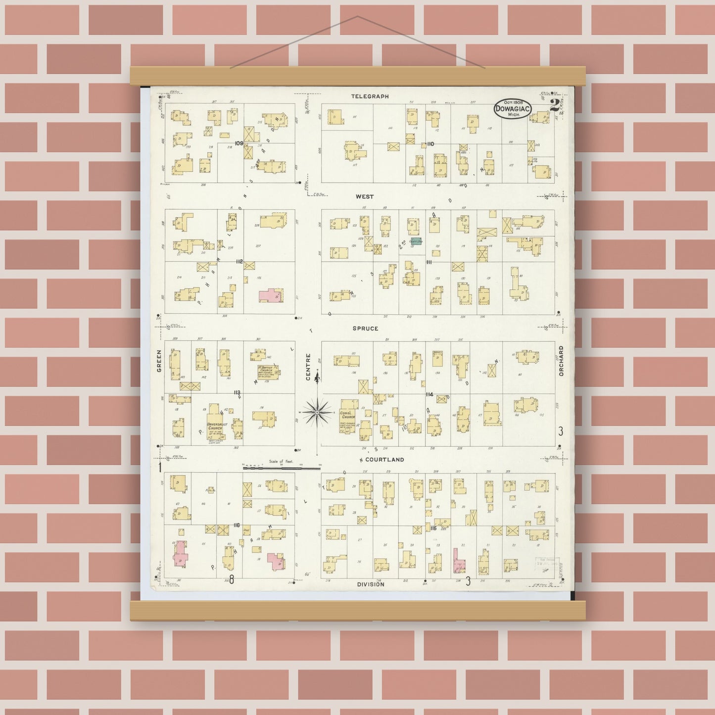 Old map wall art mockup — magnetic wood frame on brick wall — Sanborn Fire Insurance Map from Dowagiac, Cass County, Michigan (1908), Sheet #0002