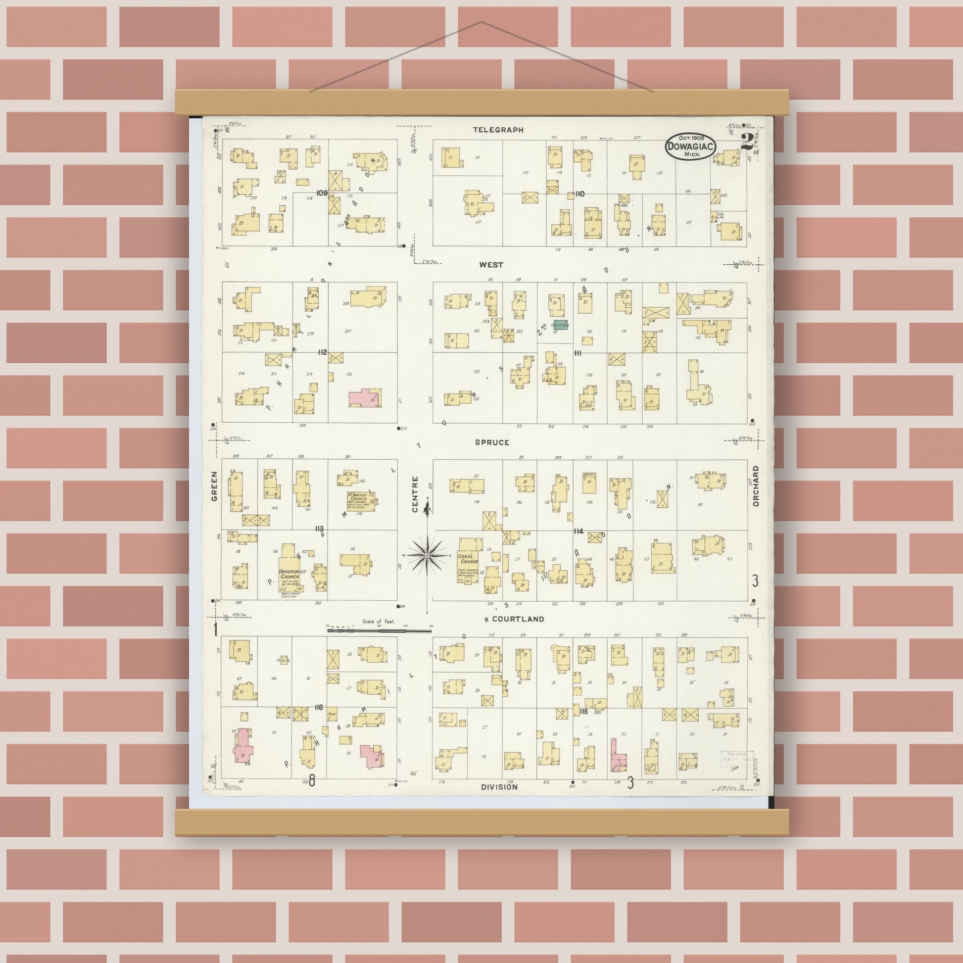 Old map wall art mockup — magnetic wood frame on brick wall — Sanborn Fire Insurance Map from Dowagiac, Cass County, Michigan (1908), Sheet #0002