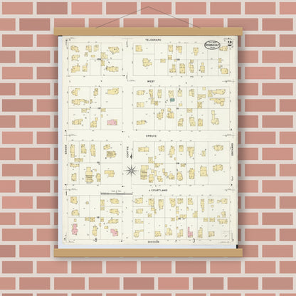 Old map wall art mockup — magnetic wood frame on brick wall — Sanborn Fire Insurance Map from Dowagiac, Cass County, Michigan (1908), Sheet #0002