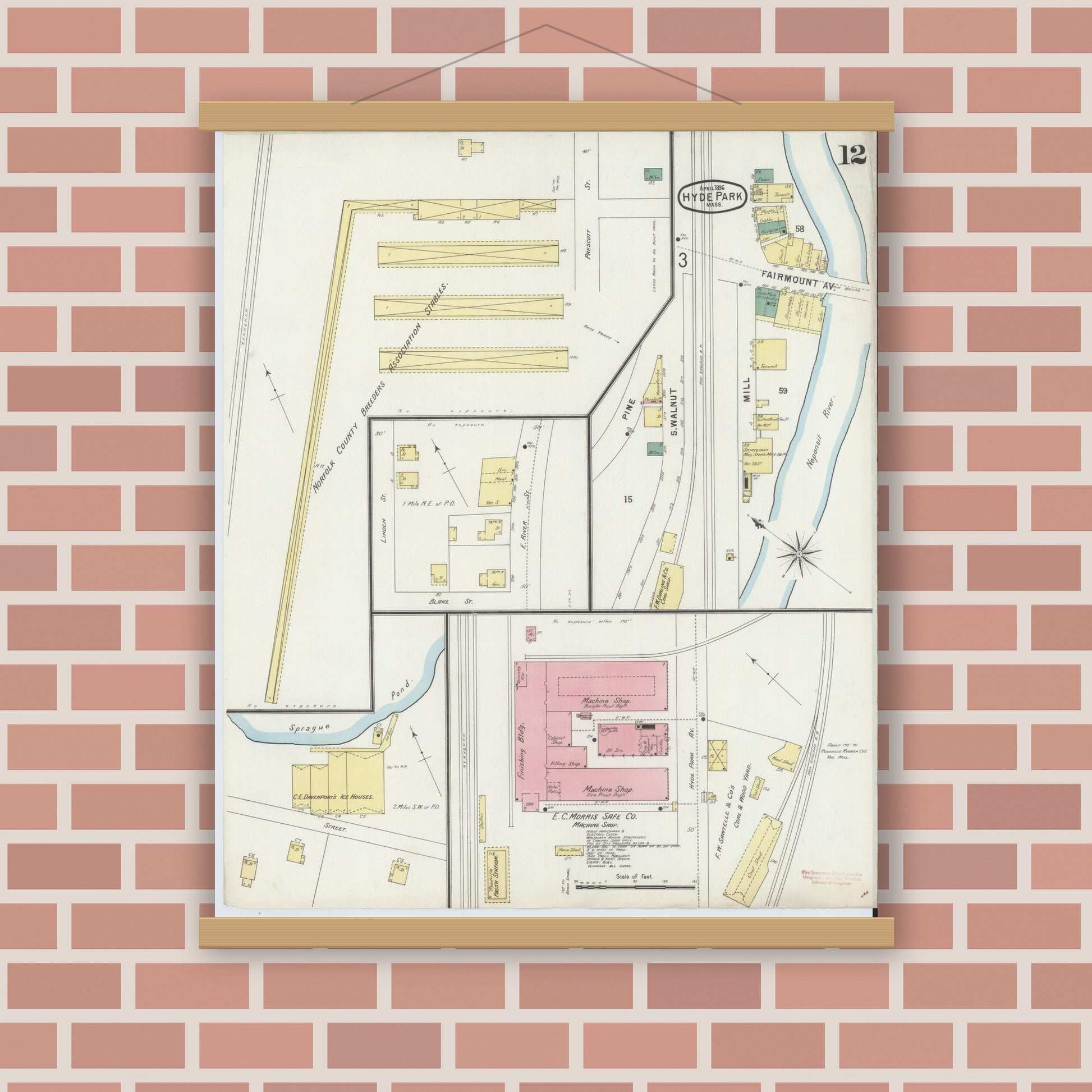 Old map wall art mockup — magnetic wood frame on brick wall — Sanborn Fire Insurance Map from Hyde Park, Norfolk County, Massachusetts (1896), Sheet #0012