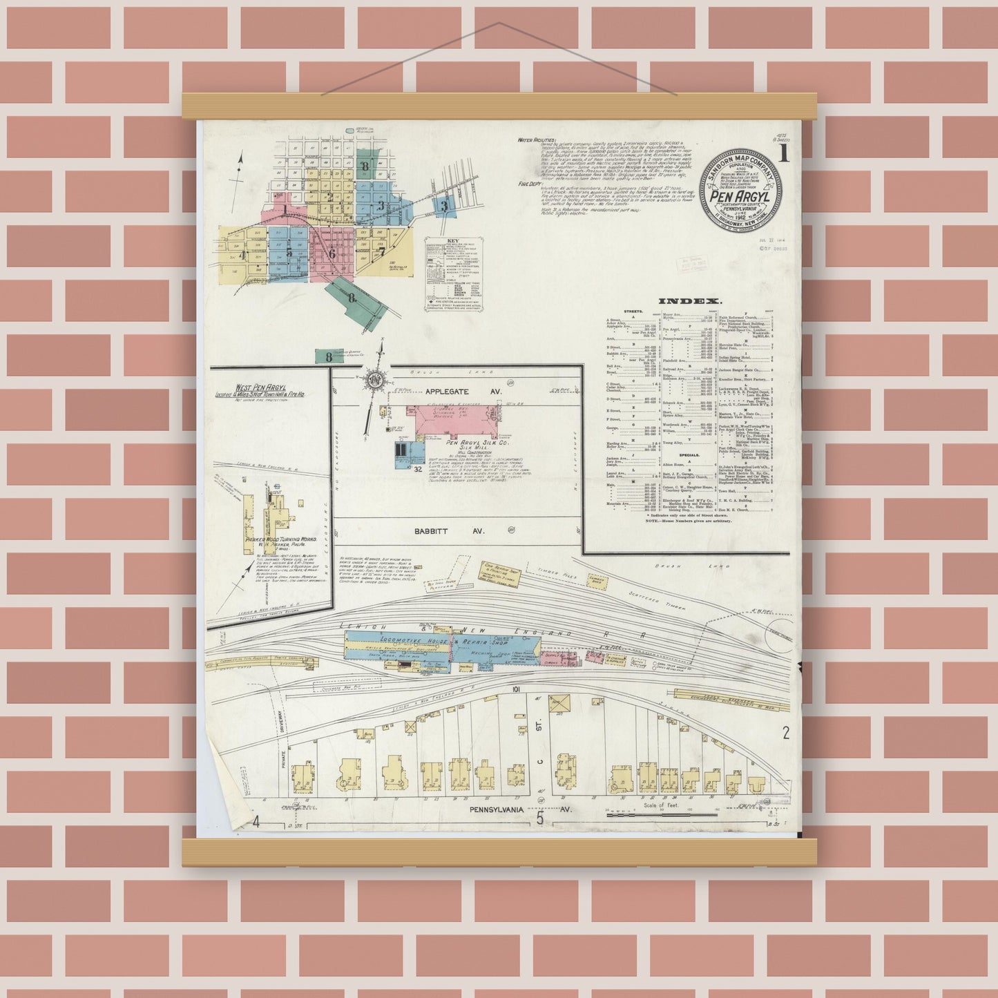 Old map wall art mockup — magnetic wood frame on brick wall — Sanborn Fire Insurance Map from Pen Argyl, Northampton County, Pennsylvania (1912), Sheet #0001