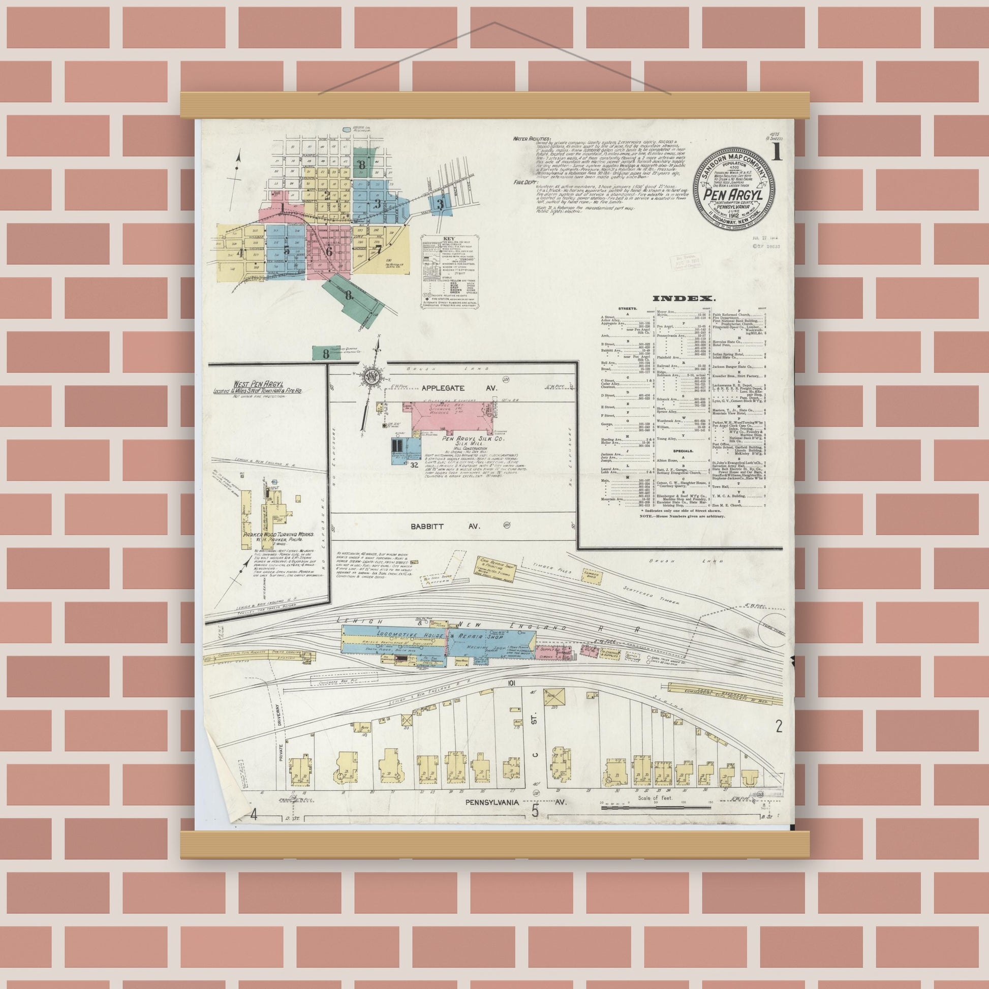 Old map wall art mockup — magnetic wood frame on brick wall — Sanborn Fire Insurance Map from Pen Argyl, Northampton County, Pennsylvania (1912), Sheet #0001