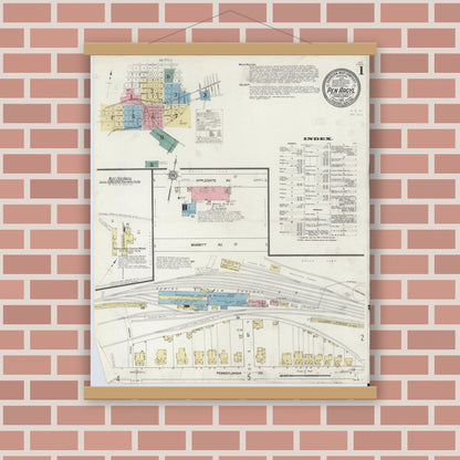 Old map wall art mockup — magnetic wood frame on brick wall — Sanborn Fire Insurance Map from Pen Argyl, Northampton County, Pennsylvania (1912), Sheet #0001