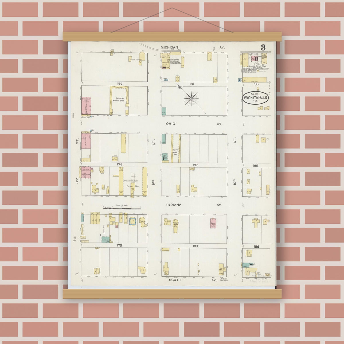 Old map wall art mockup — magnetic wood frame on brick wall — Sanborn Fire Insurance Map from Wichita Falls, Wichita County, Texas (1892), Sheet #0003