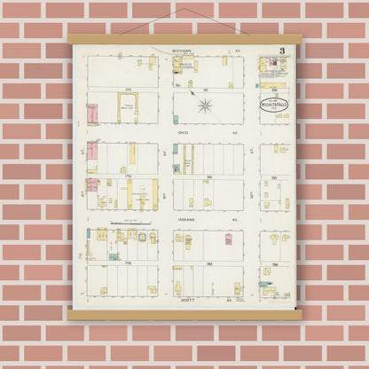 Old map wall art mockup — magnetic wood frame on brick wall — Sanborn Fire Insurance Map from Wichita Falls, Wichita County, Texas (1892), Sheet #0003