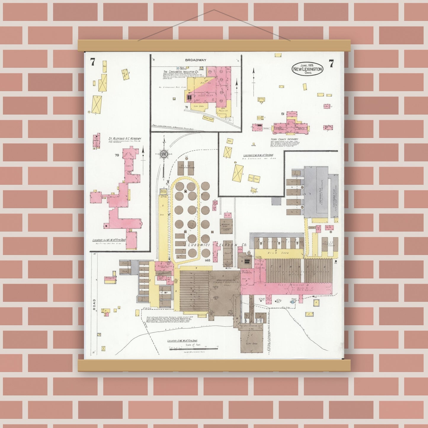 Old map wall art mockup — magnetic wood frame on brick wall — Sanborn Fire Insurance Map from New Lexington, Perry County, Ohio (1926), Sheet #0007