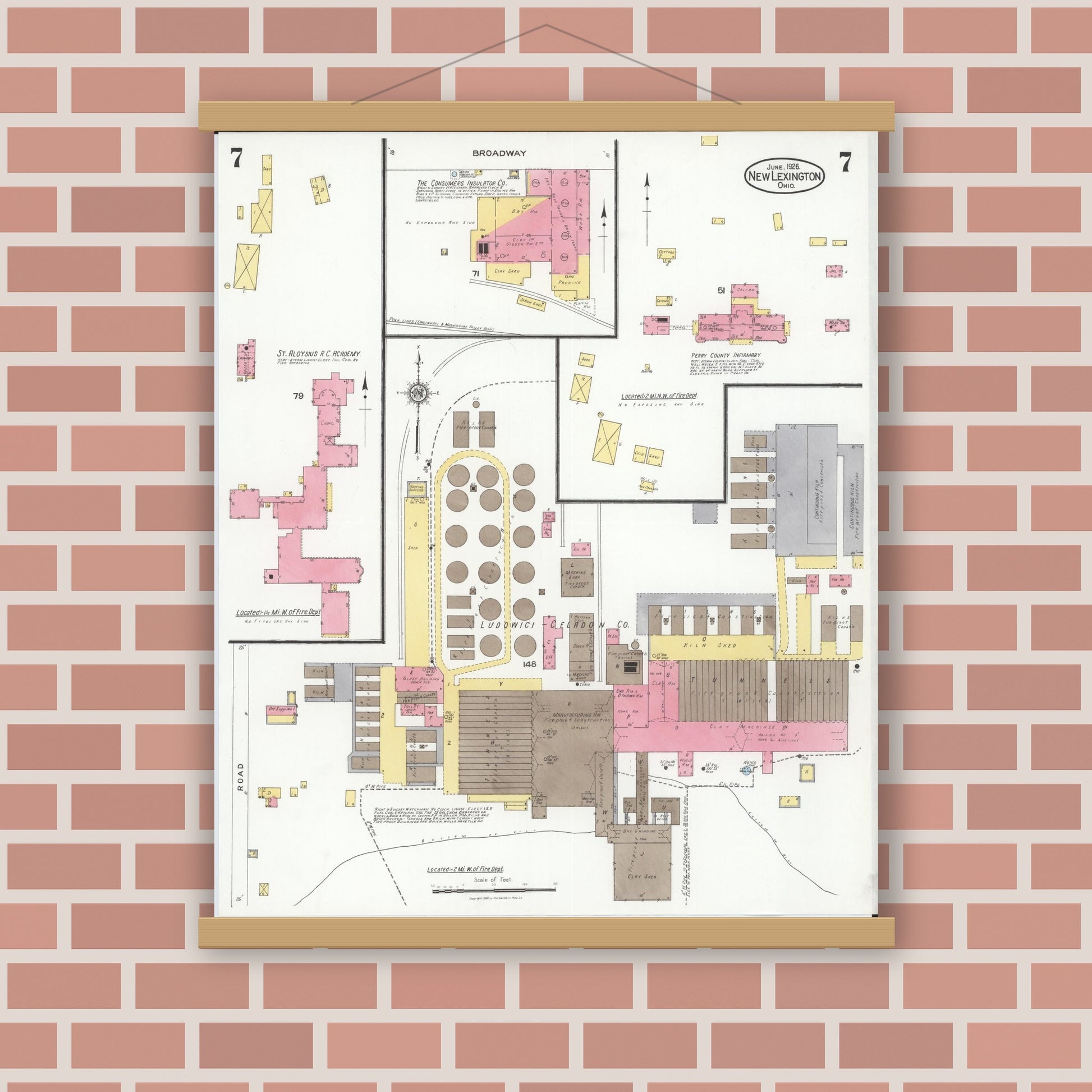 Old map wall art mockup — magnetic wood frame on brick wall — Sanborn Fire Insurance Map from New Lexington, Perry County, Ohio (1926), Sheet #0007