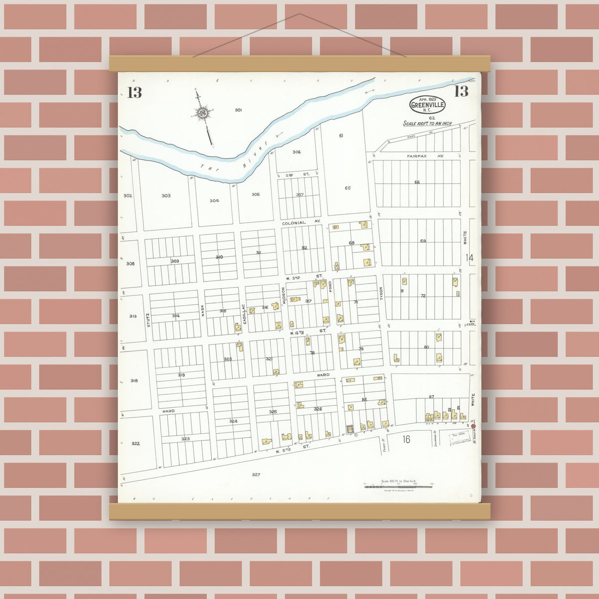 Old map wall art mockup — magnetic wood frame on brick wall — Sanborn Fire Insurance Map from Greenville, Pitt County, North Carolina (1923), Sheet #0013