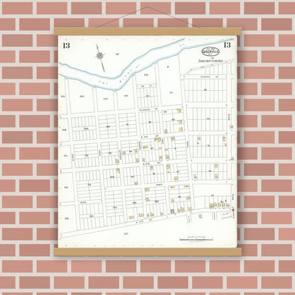 Old map wall art mockup — magnetic wood frame on brick wall — Sanborn Fire Insurance Map from Greenville, Pitt County, North Carolina (1923), Sheet #0013