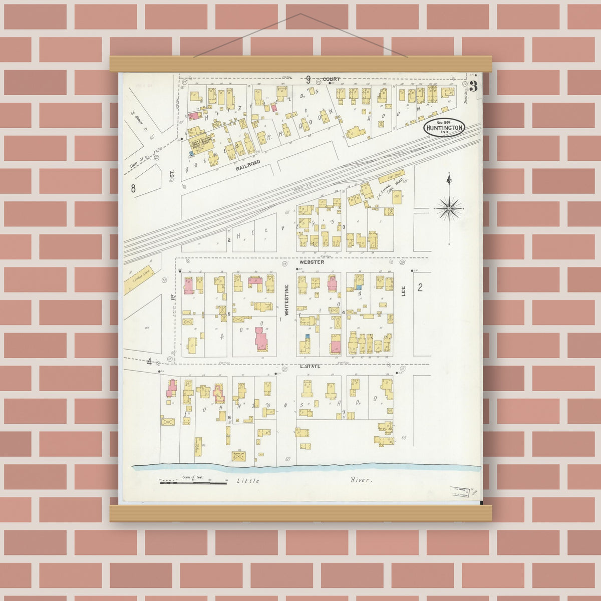 Old map wall art mockup — magnetic wood frame on brick wall — Sanborn Fire Insurance Map from Huntington, Huntington County, Indiana (1904), Sheet #0003