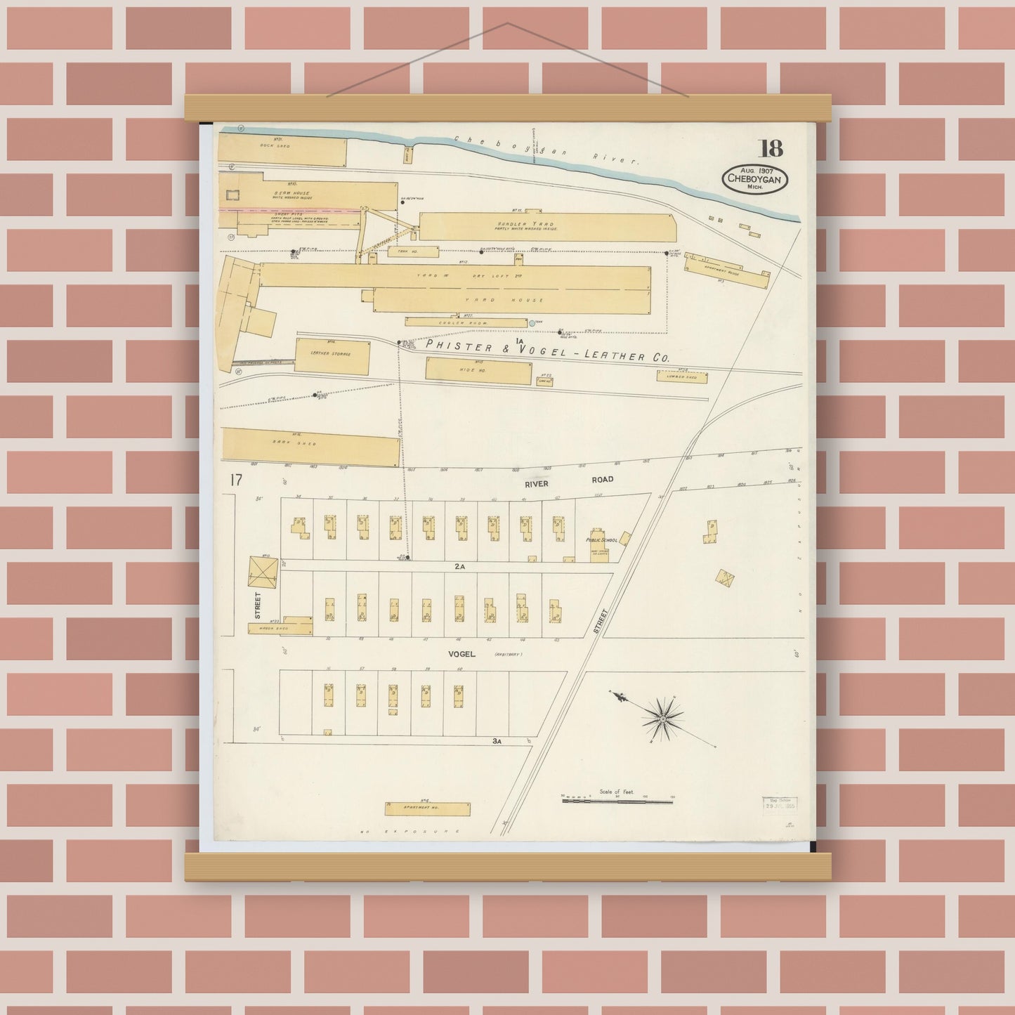 Old map wall art mockup — magnetic wood frame on brick wall — Sanborn Fire Insurance Map from Cheboygan, Cheboygan County, Michigan (1907), Sheet #0018