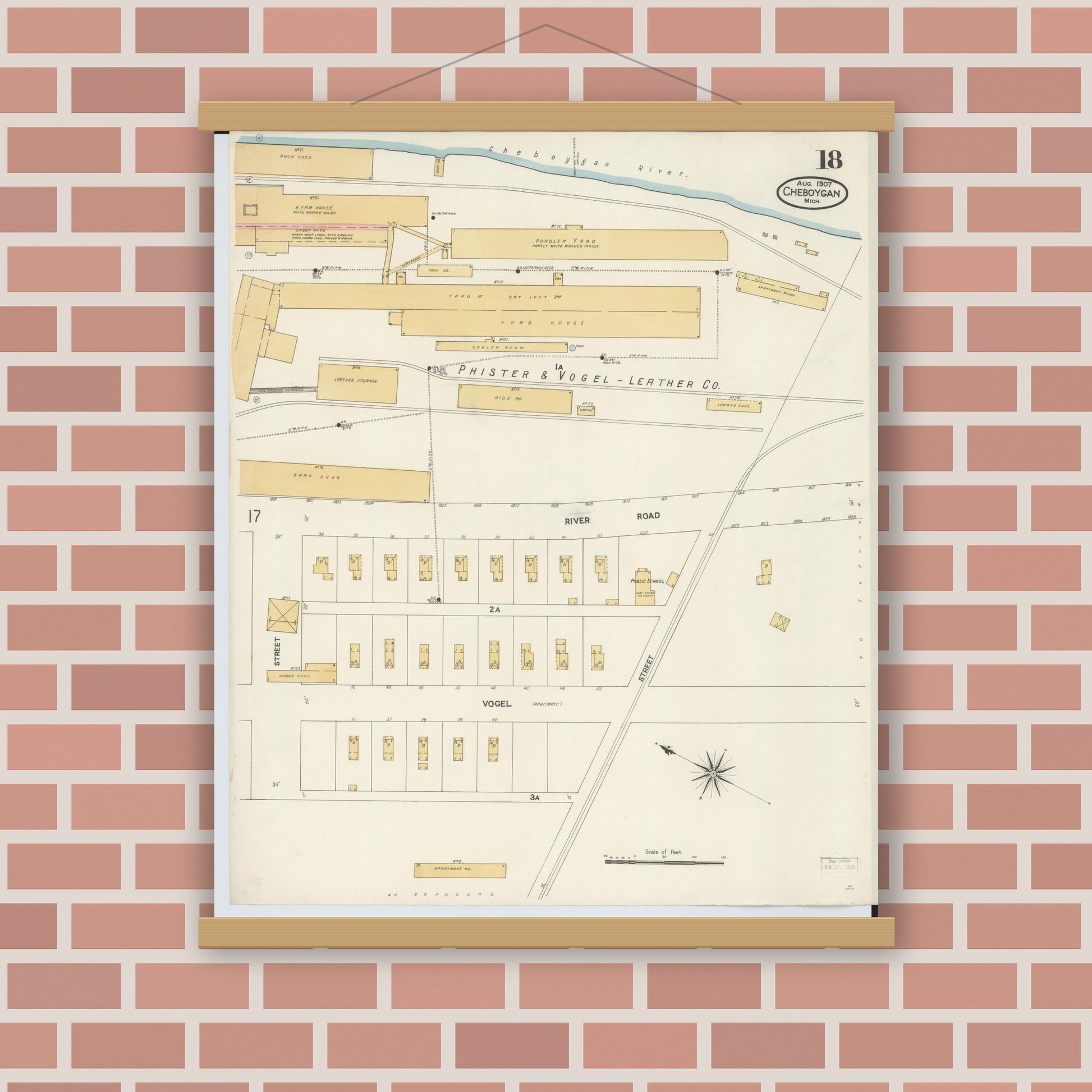 Old map wall art mockup — magnetic wood frame on brick wall — Sanborn Fire Insurance Map from Cheboygan, Cheboygan County, Michigan (1907), Sheet #0018