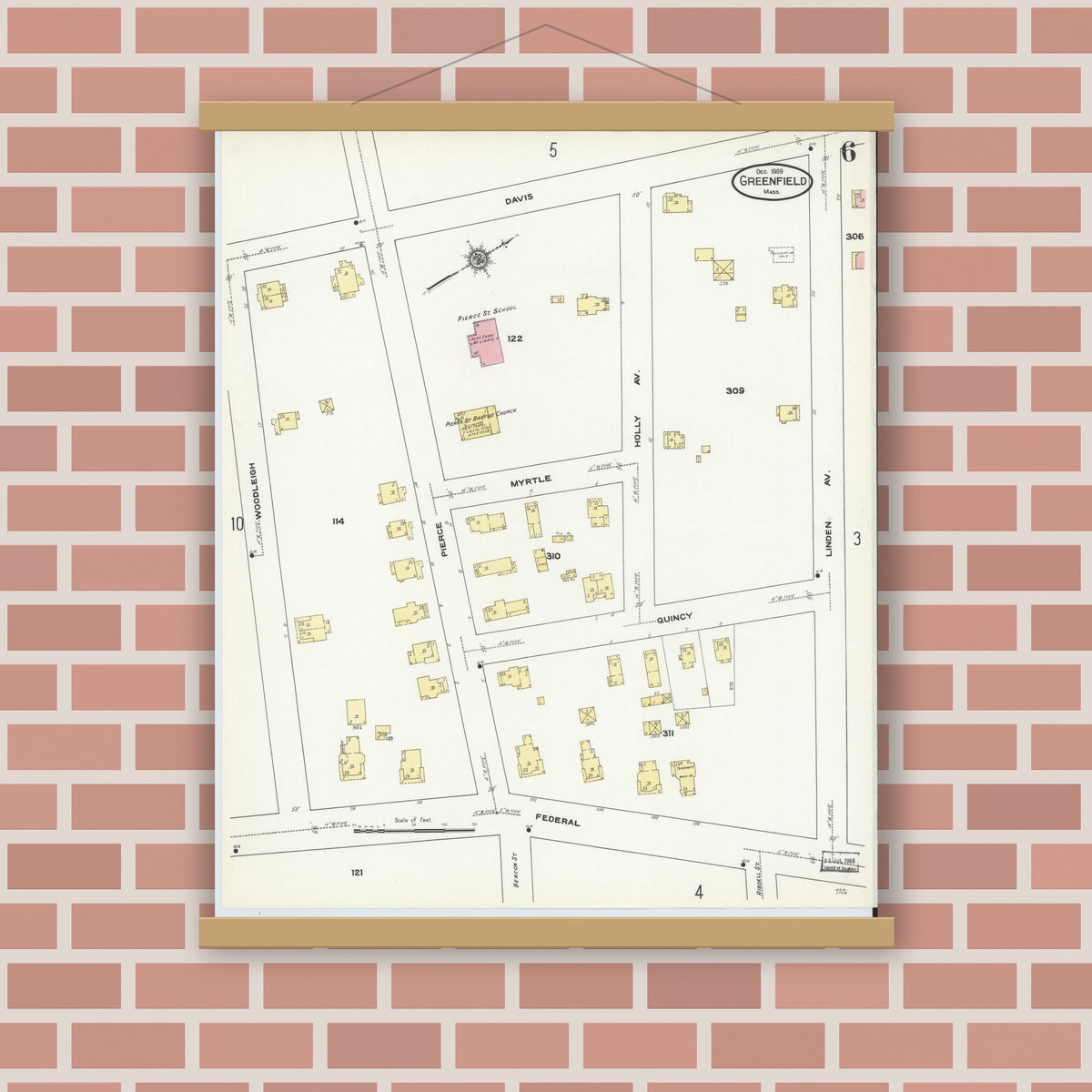 Old map wall art mockup — magnetic wood frame on brick wall — Sanborn Fire Insurance Map from Greenfield, Franklin County, Massachusetts (1909), Sheet #0006