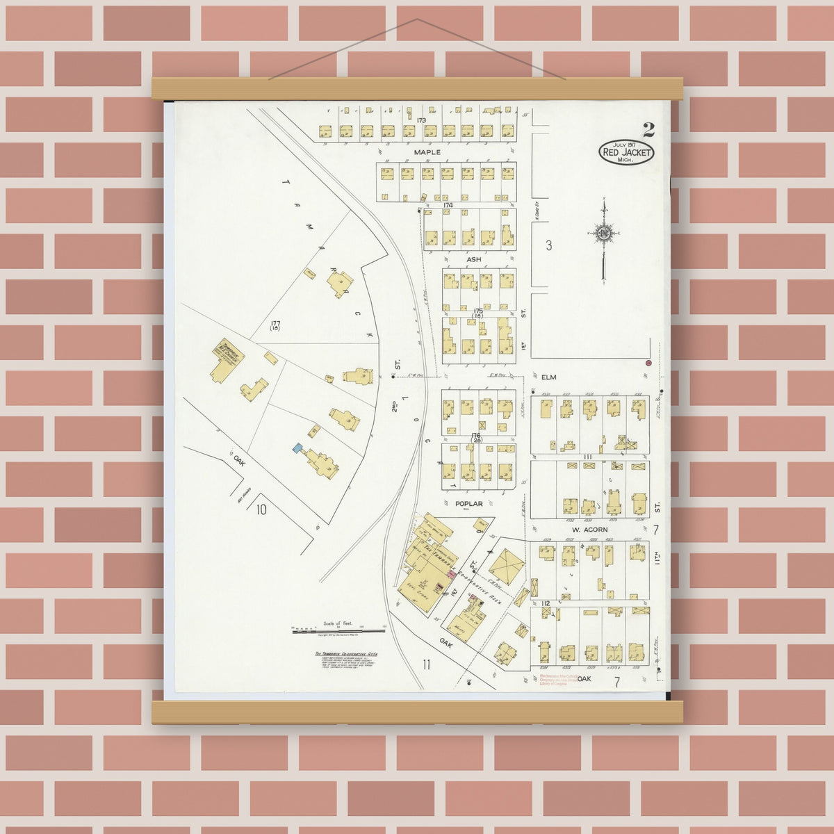 Old map wall art mockup — magnetic wood frame on brick wall — Sanborn Fire Insurance Map from Red Jacket, Houghton County, Michigan (1917), Sheet #0002