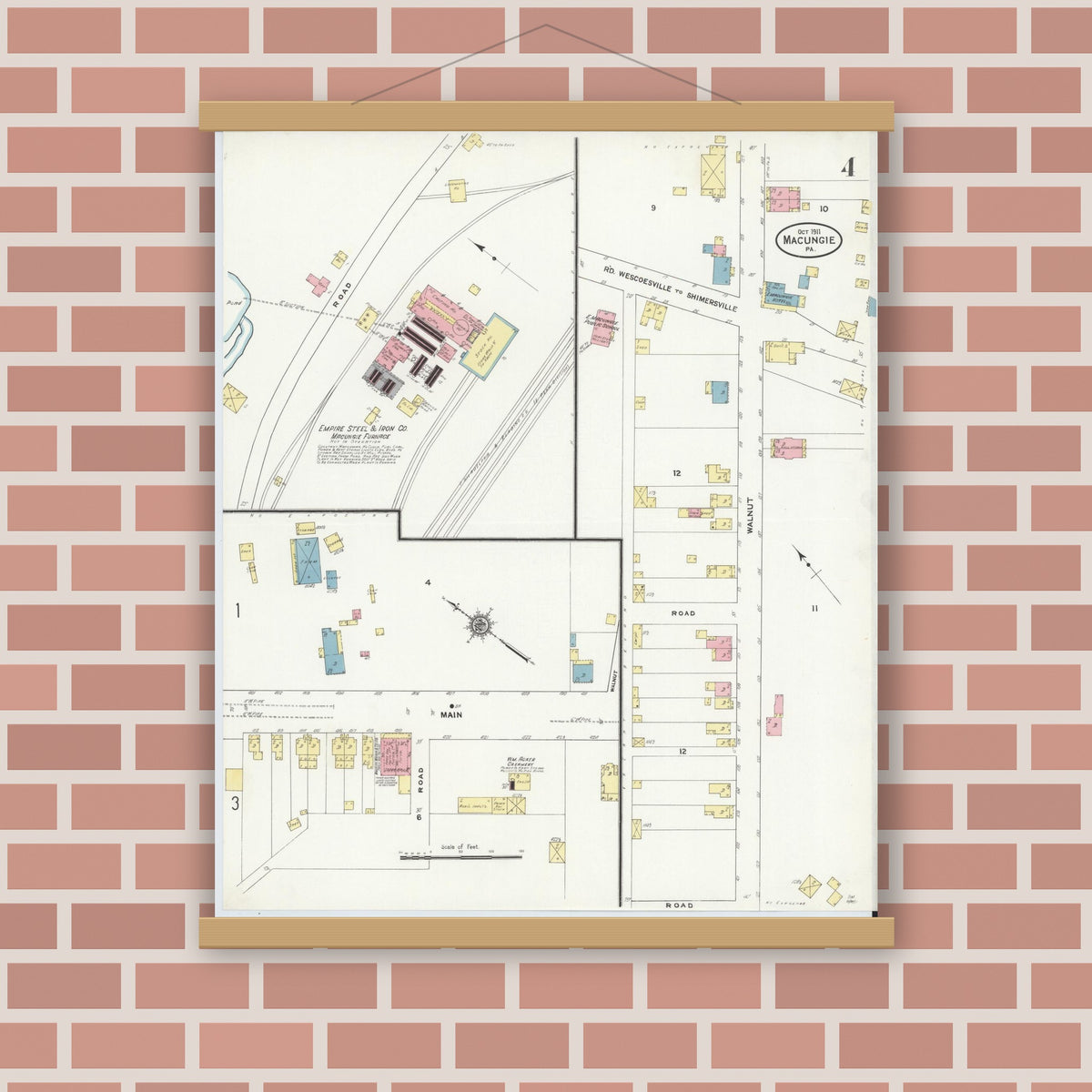Old map wall art mockup — magnetic wood frame on brick wall — Sanborn Fire Insurance Map from Macungie, Lehigh County, Pennsylvania (1911), Sheet #0004