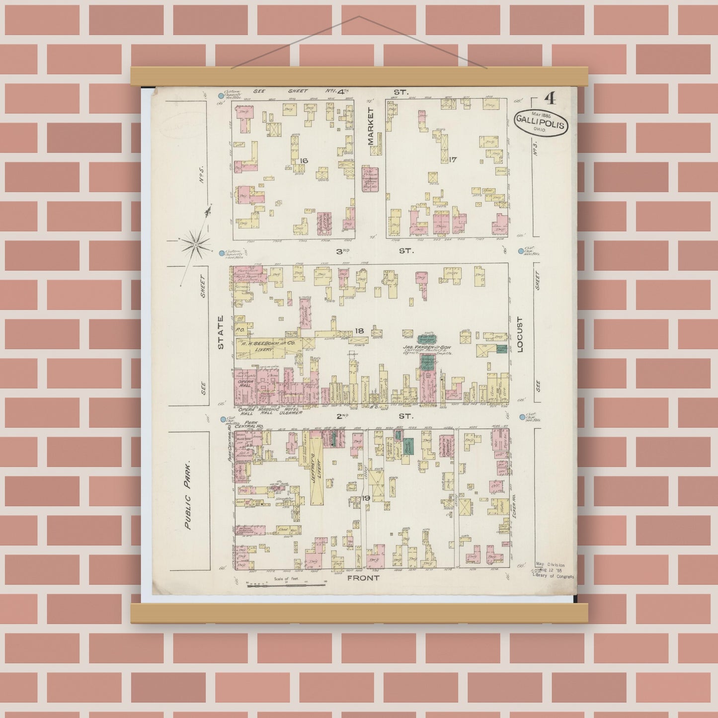 Old map wall art mockup — magnetic wood frame on brick wall — Sanborn Fire Insurance Map from Gallipolis, Gallia County, Ohio (1885), Sheet #0004
