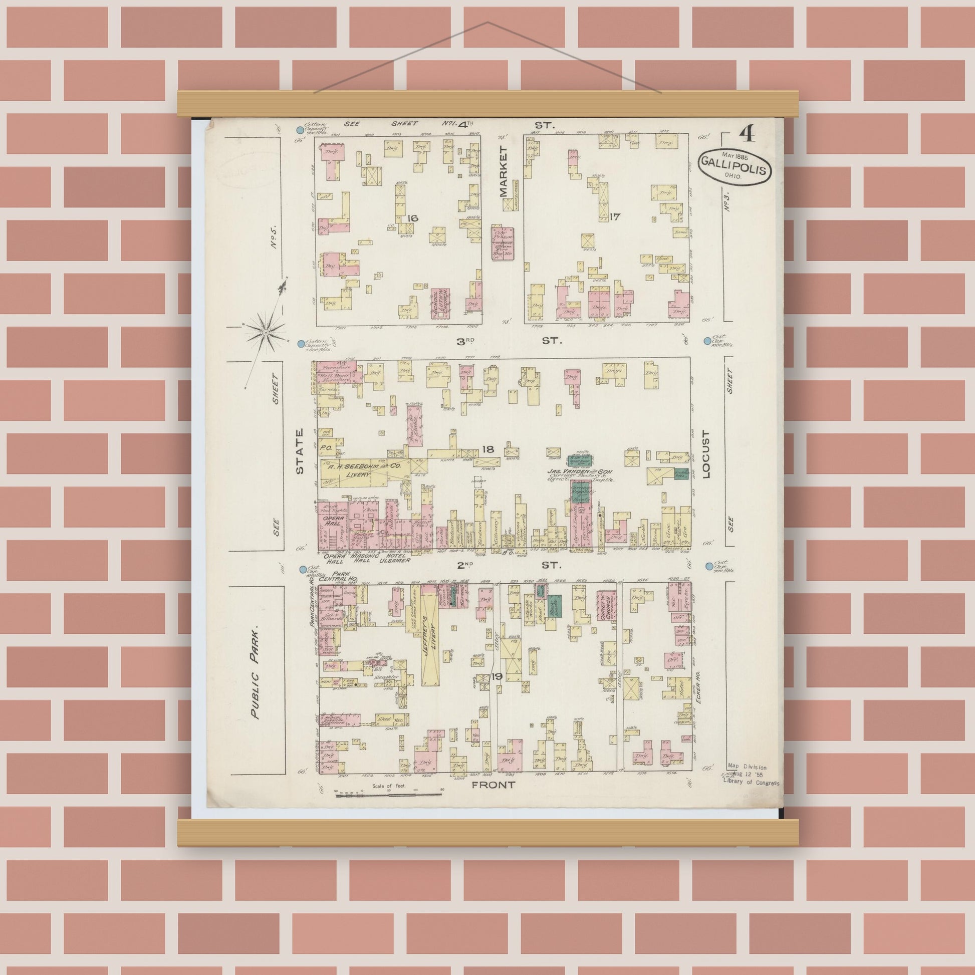 Old map wall art mockup — magnetic wood frame on brick wall — Sanborn Fire Insurance Map from Gallipolis, Gallia County, Ohio (1885), Sheet #0004