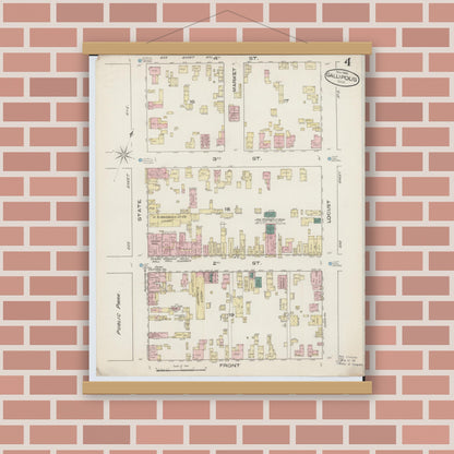 Old map wall art mockup — magnetic wood frame on brick wall — Sanborn Fire Insurance Map from Gallipolis, Gallia County, Ohio (1885), Sheet #0004