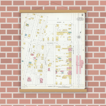 Old map wall art mockup — magnetic wood frame on brick wall — Sanborn Fire Insurance Map from Lake Forest, Lake County, Illinois (1904), Sheet #0002