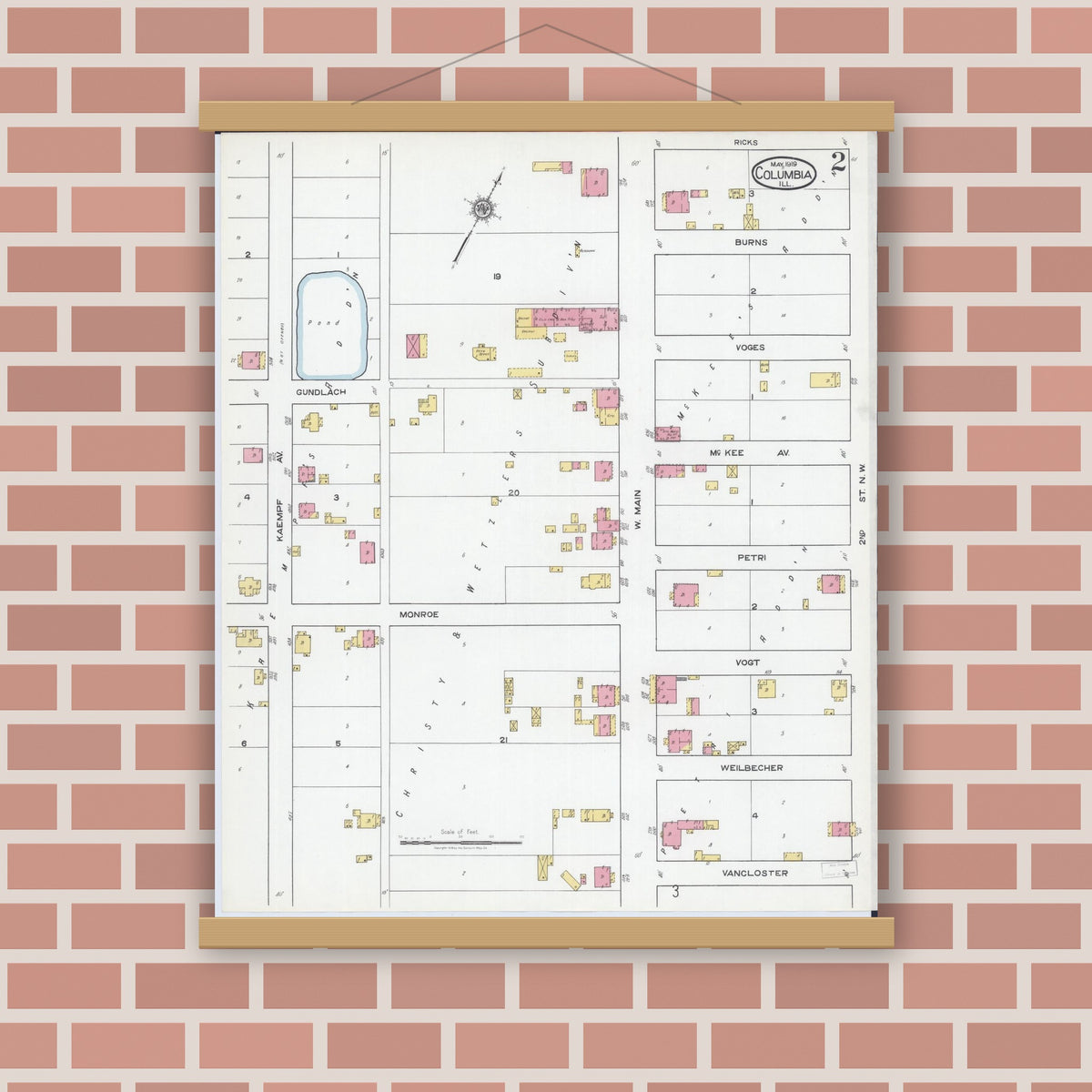 Old map wall art mockup — magnetic wood frame on brick wall — Sanborn Fire Insurance Map from Columbia, Monroe County, Illinois (1919), Sheet #0002