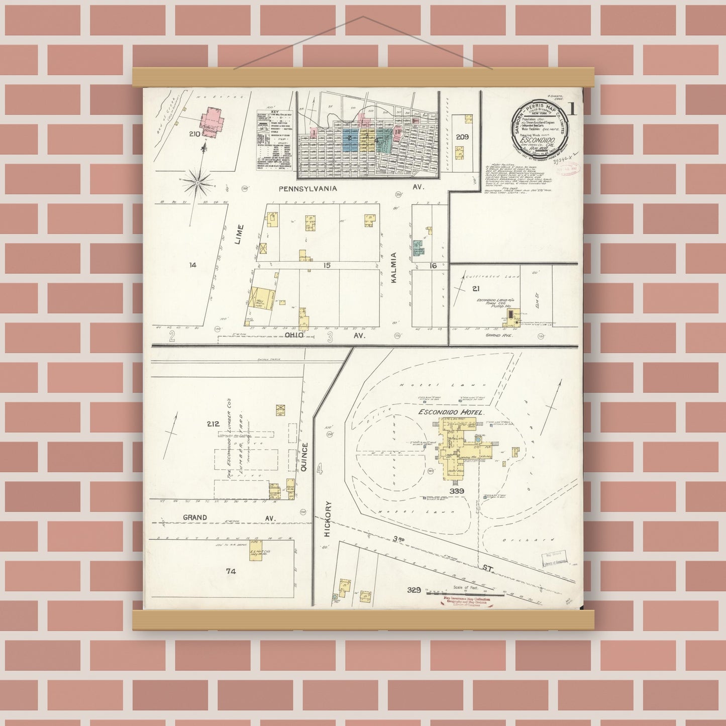 Old map wall art mockup — magnetic wood frame on brick wall — Sanborn Fire Insurance Map from Escondido, San Diego County, California (1892), Sheet #0001