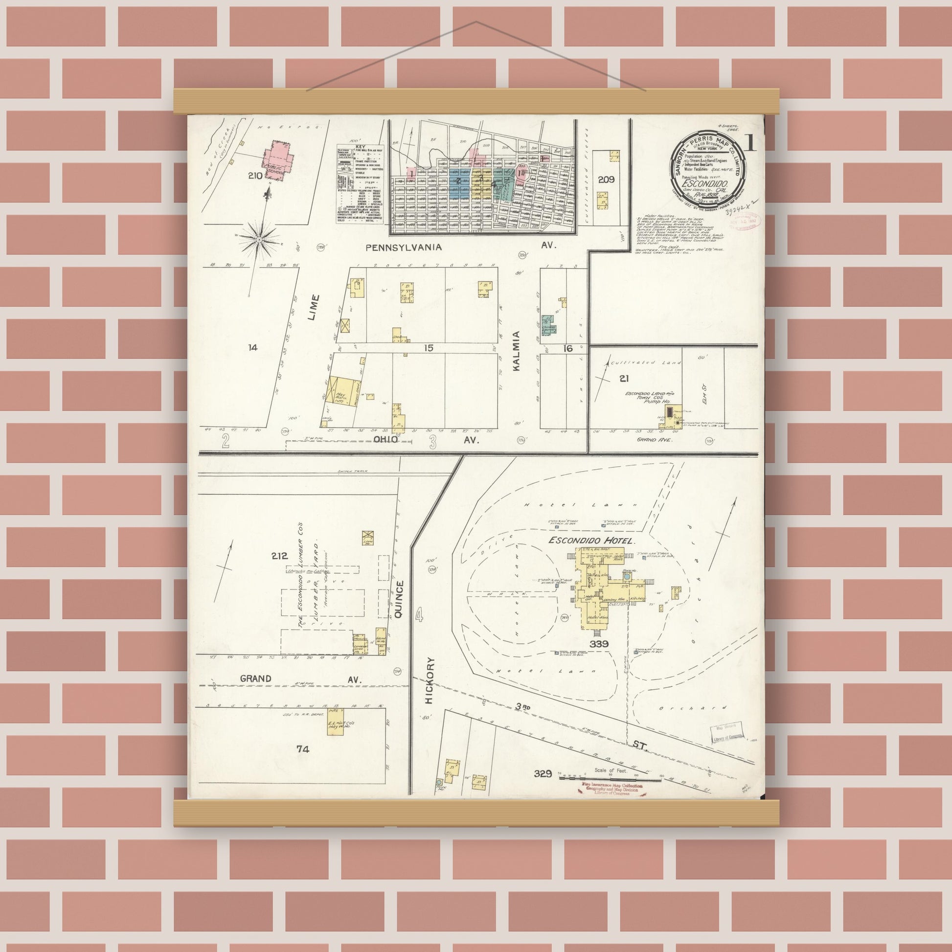 Old map wall art mockup — magnetic wood frame on brick wall — Sanborn Fire Insurance Map from Escondido, San Diego County, California (1892), Sheet #0001