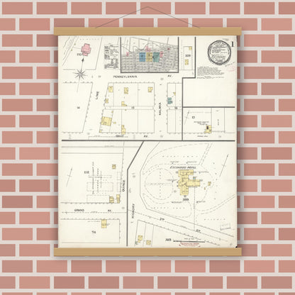 Old map wall art mockup — magnetic wood frame on brick wall — Sanborn Fire Insurance Map from Escondido, San Diego County, California (1892), Sheet #0001