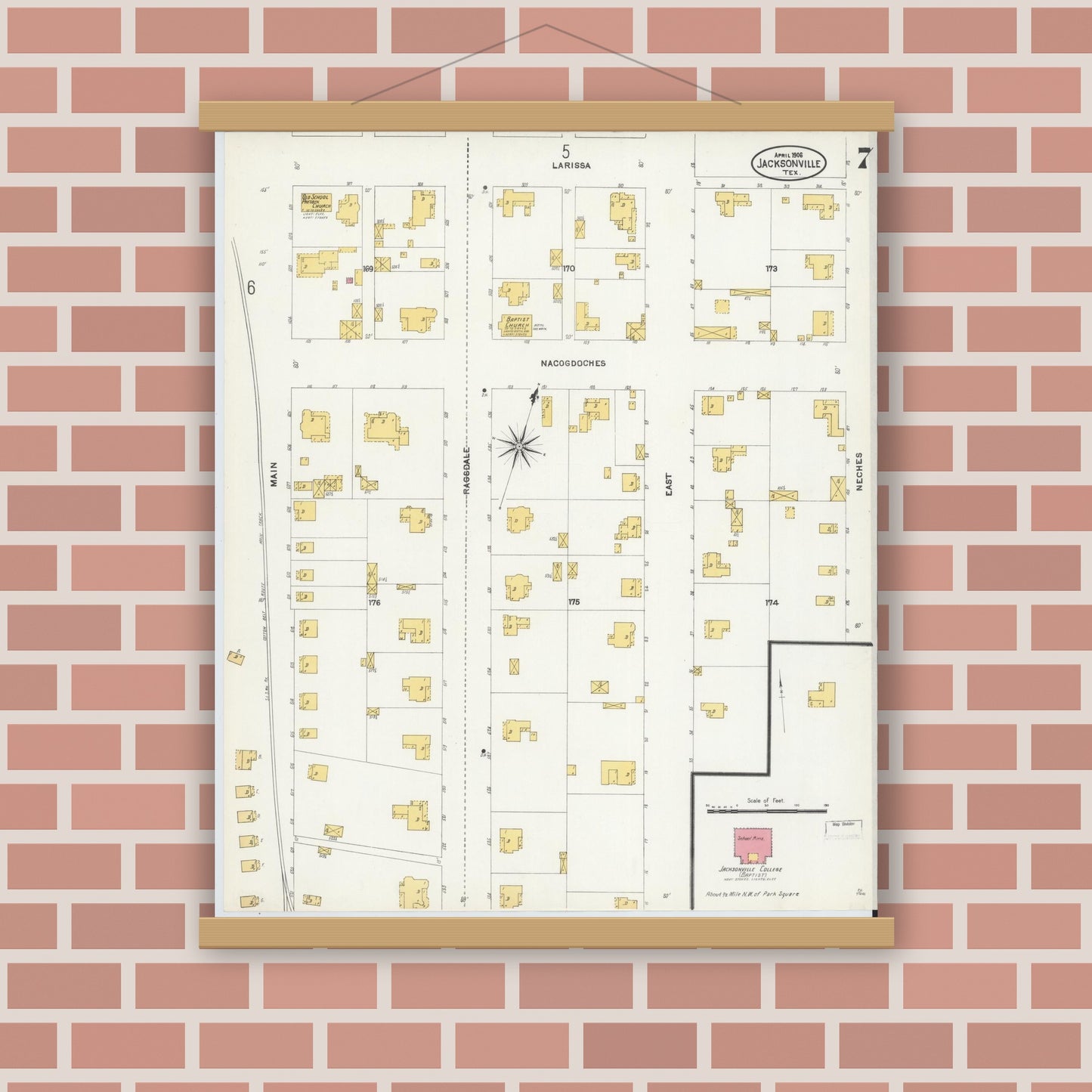 Old map wall art mockup — magnetic wood frame on brick wall — Sanborn Fire Insurance Map from Jacksonville, Cherokee County, Texas (1906), Sheet #0007
