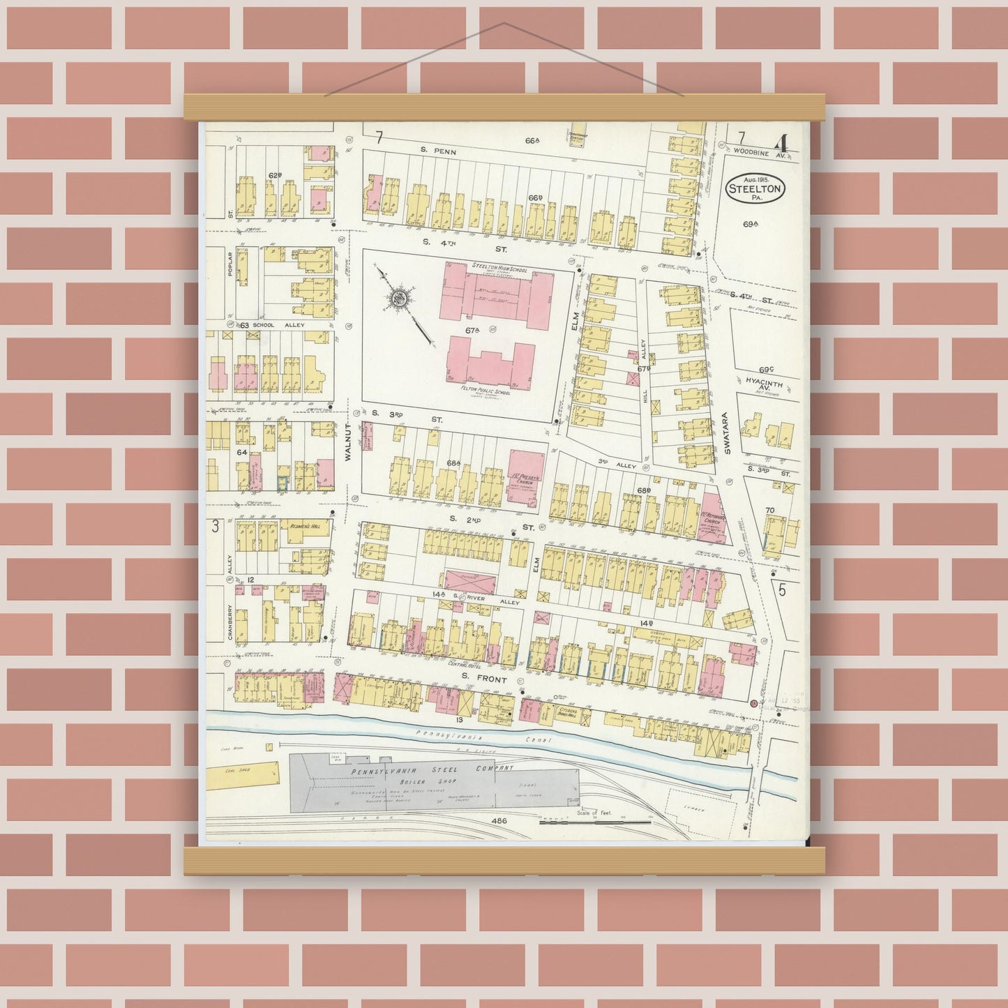 Old map wall art mockup — magnetic wood frame on brick wall — Sanborn Fire Insurance Map from Steelton, Dauphin County, Pennsylvania (1915), Sheet #0004