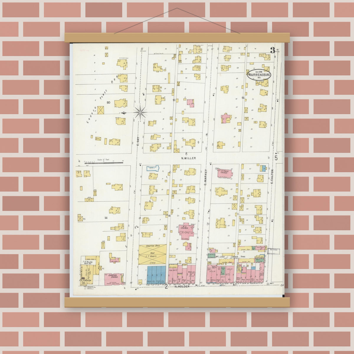 Old map wall art mockup — magnetic wood frame on brick wall — Sanborn Fire Insurance Map from Warrensburg, Johnson County, Missouri (1898), Sheet #0003