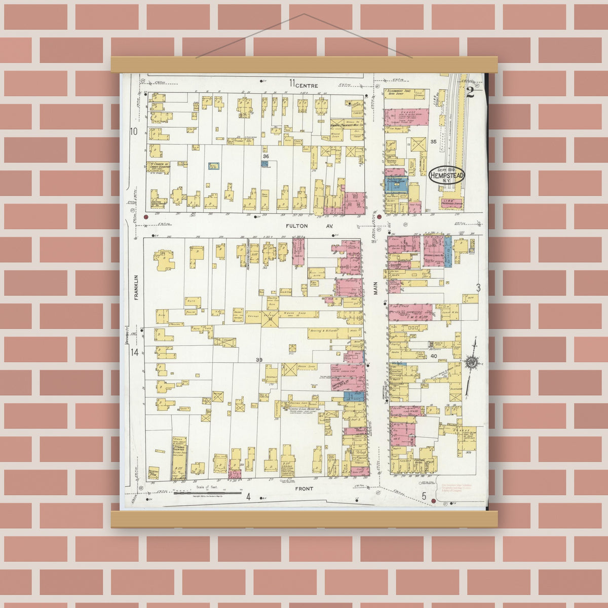 Old map wall art mockup — magnetic wood frame on brick wall — Sanborn Fire Insurance Map from Hempstead, Nassau County, New York (1919) - Complete Map Set