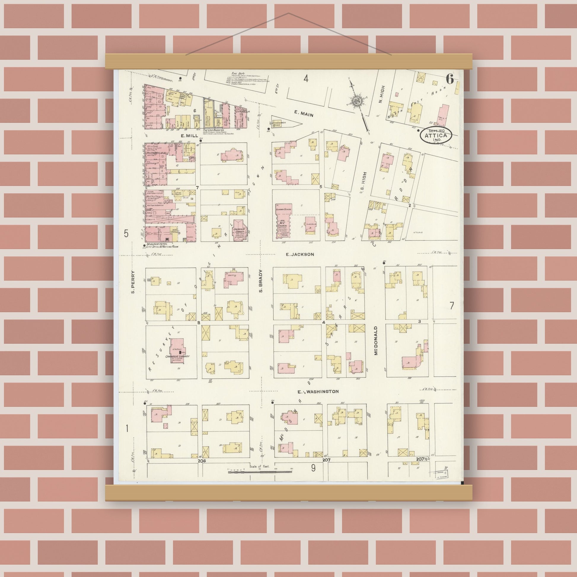 Old map wall art mockup — magnetic wood frame on brick wall — Sanborn Fire Insurance Map from Attica, Fountain County, Indiana (1910), Sheet #0006