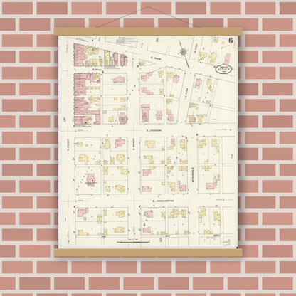 Old map wall art mockup — magnetic wood frame on brick wall — Sanborn Fire Insurance Map from Attica, Fountain County, Indiana (1910), Sheet #0006