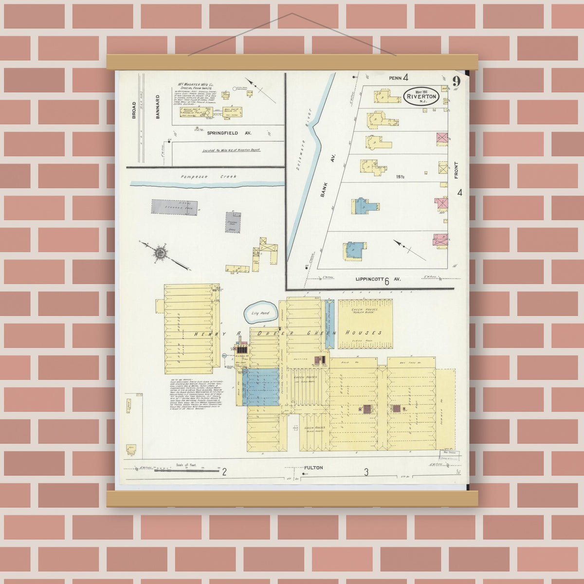 Old map wall art mockup — magnetic wood frame on brick wall — Sanborn Fire Insurance Map from Riverton, Burlington County, New Jersey (1911), Sheet #0009