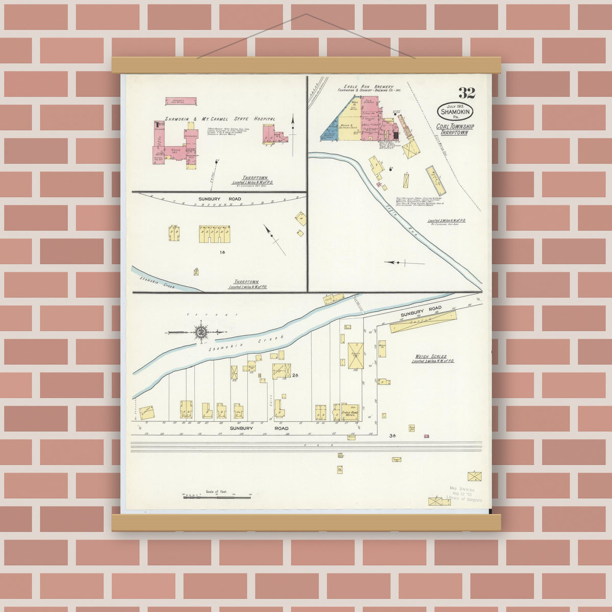 Old map wall art mockup — magnetic wood frame on brick wall — Sanborn Fire Insurance Map from Shamokin, Northumberland County, Pennsylvania (1913), Sheet #0032