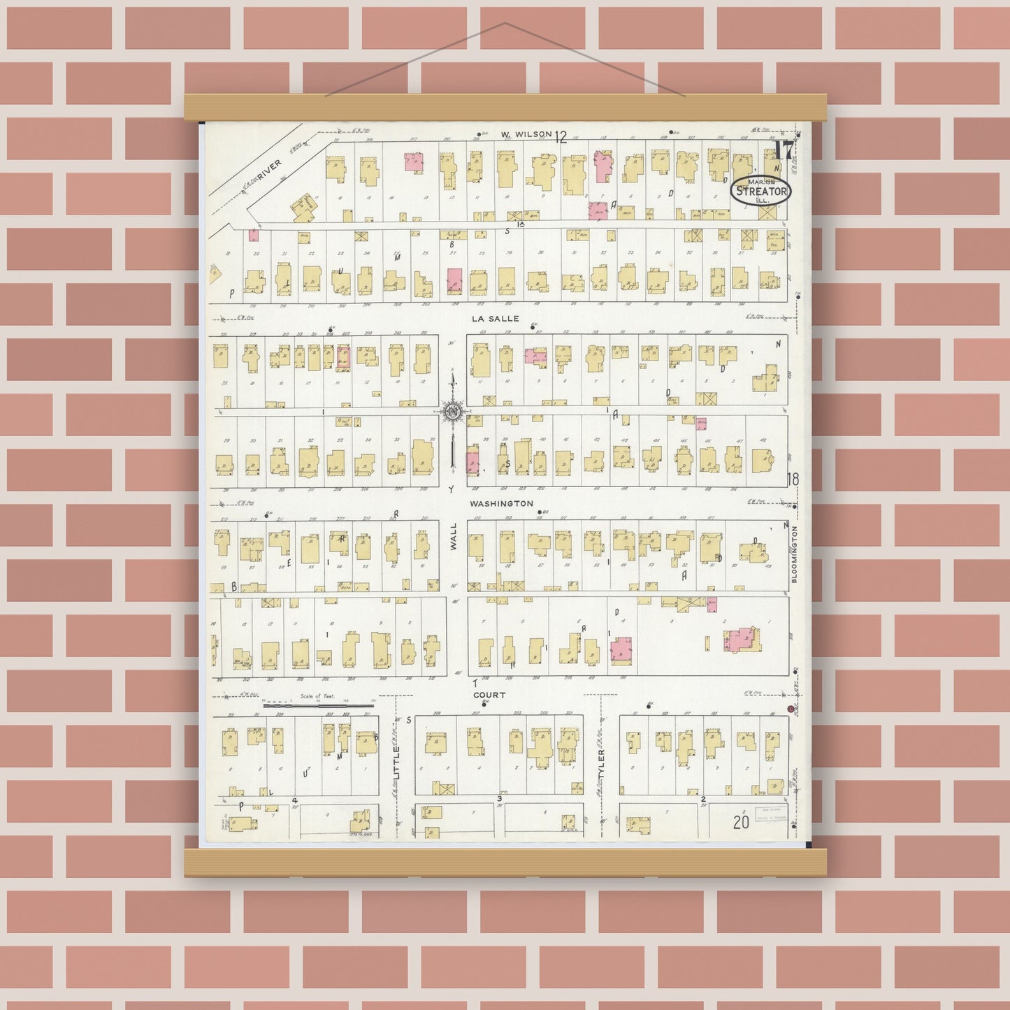 Old map wall art mockup — magnetic wood frame on brick wall — Sanborn Fire Insurance Map from Streator, La Salle County, Illinois (1916), Sheet #0017
