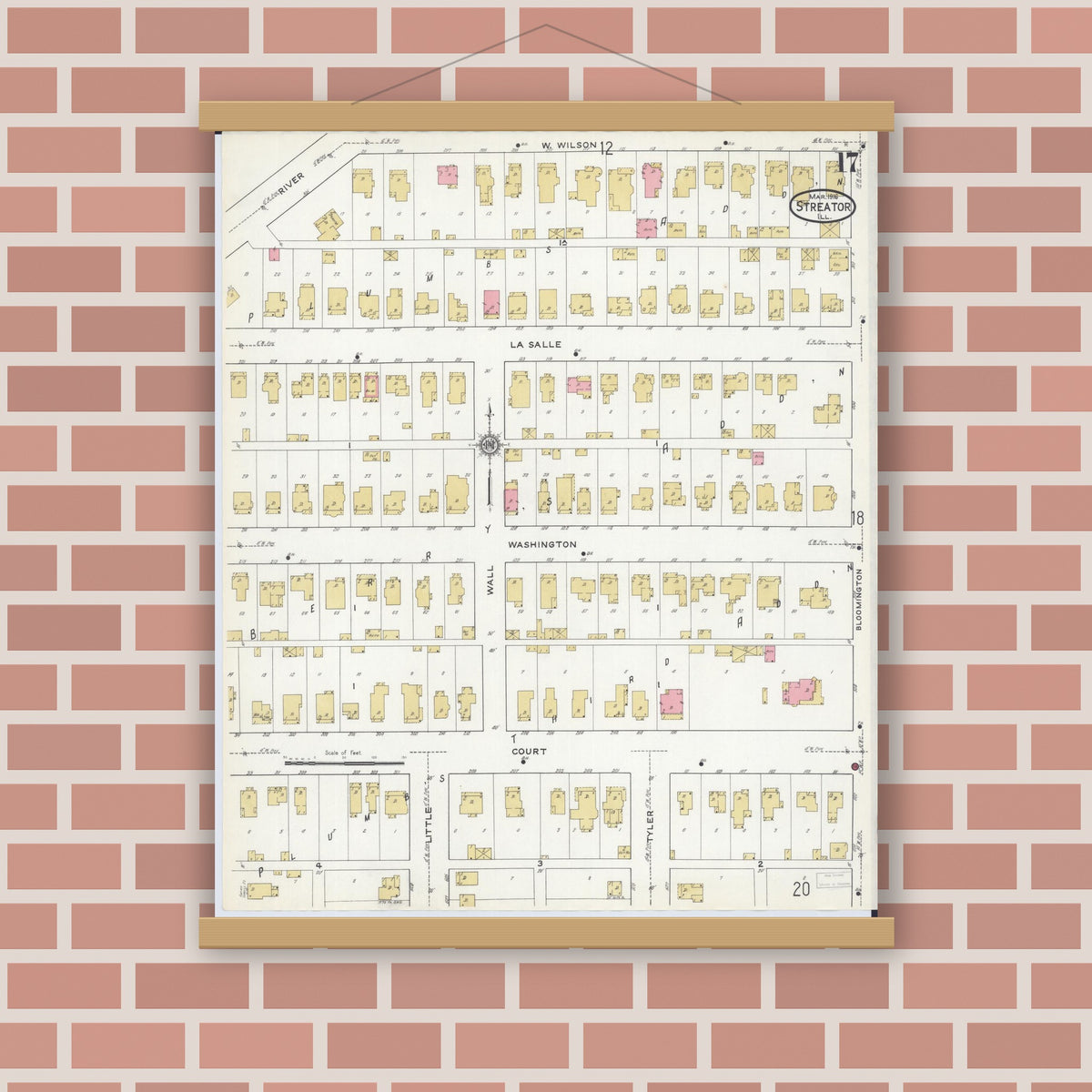 Old map wall art mockup — magnetic wood frame on brick wall — Sanborn Fire Insurance Map from Streator, La Salle County, Illinois (1916), Sheet #0017