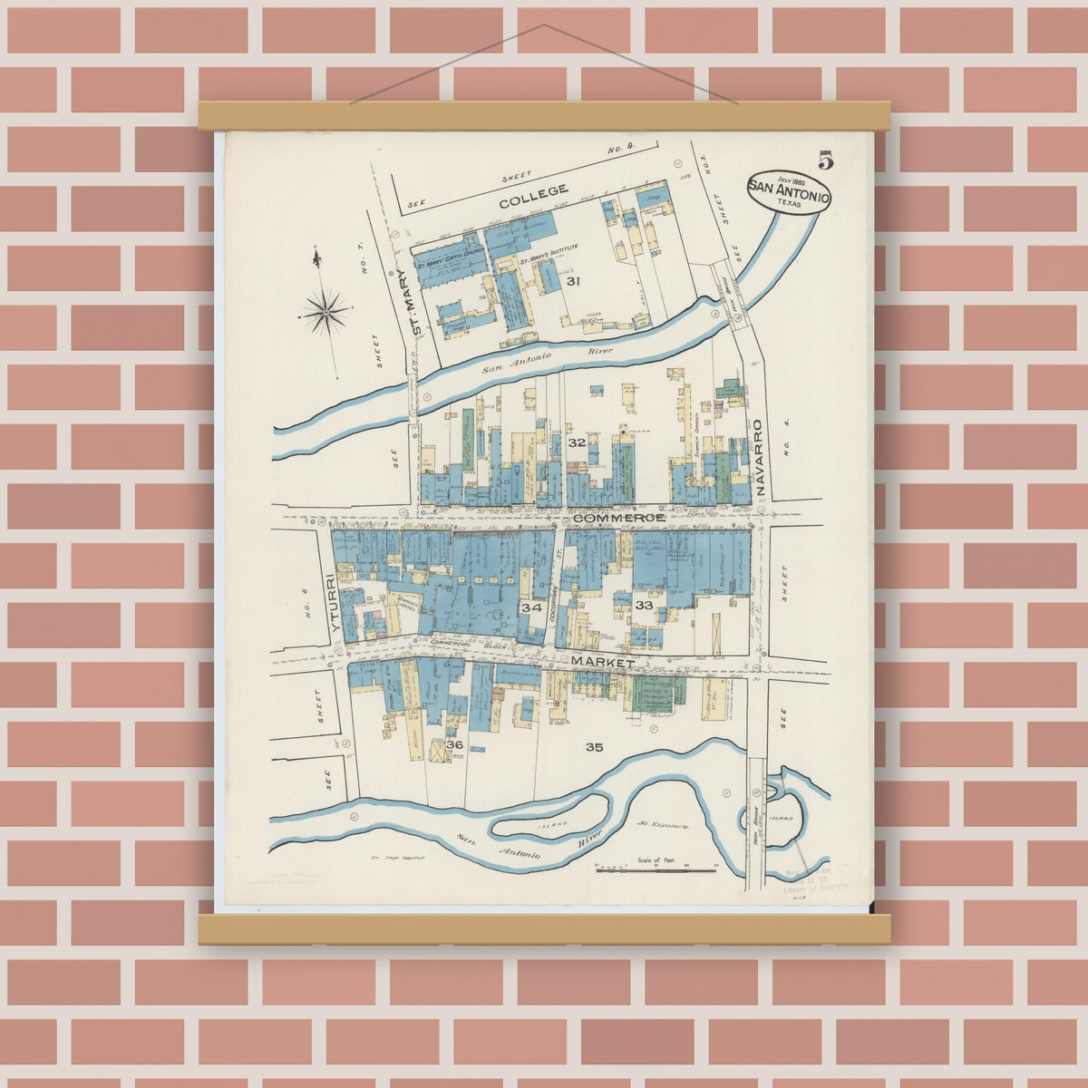 Old map wall art mockup — magnetic wood frame on brick wall — Sanborn Fire Insurance Map from San Antonio, Bexar County, Texas (1885), Sheet #0005